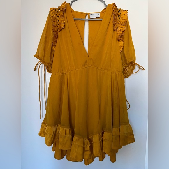 Mustard ASOS DESIGN Mini Dress with Satin Trim Ruffle and Tie Detail - Picture 3 of 7